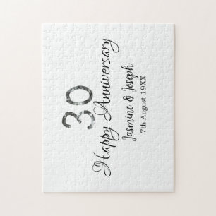 Silver Metallic 30th Happy anniversary add name Jigsaw Puzzle