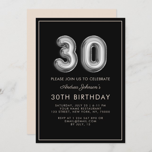 Silver Metallic Ballon Number 30th Birthday Frame  Invitation (Front/Back)