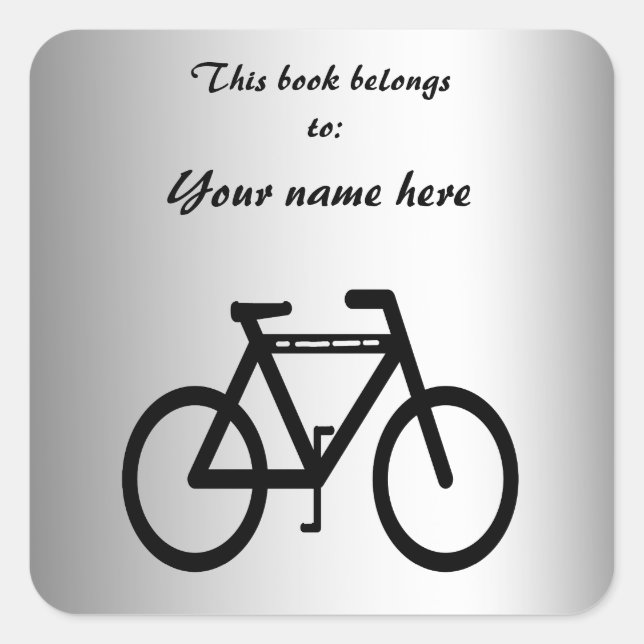 Silver Metallic Bicycle Bookplate Square Sticker (Front)