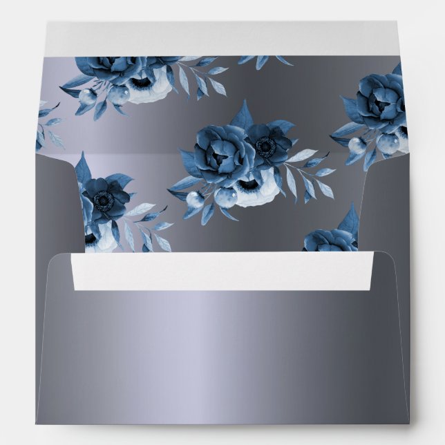 Silver metallic blue florals glam winter wedding envelope (Back (Bottom))