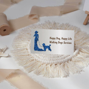 Silver Metallic Blue Glitter Lady with Dog Business Card