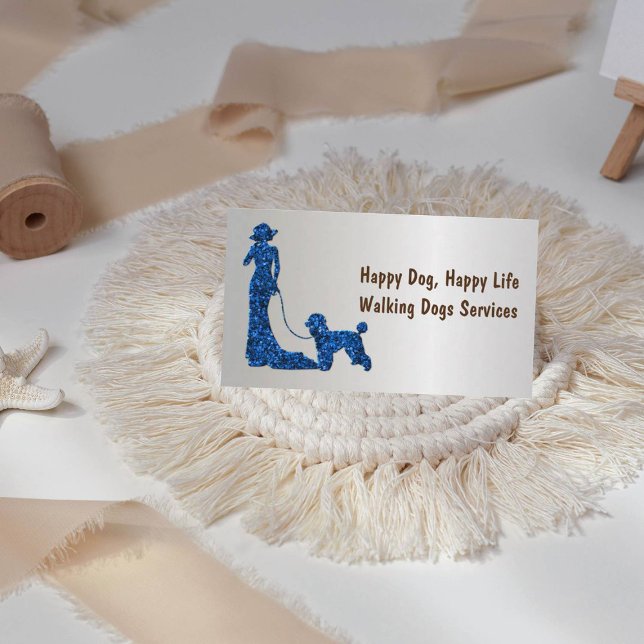 Silver Metallic Blue Glitter Lady with Dog Business Card (Creator Uploaded)