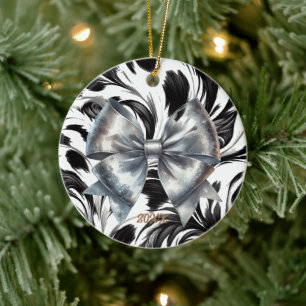 Silver Metallic Bow Black White Accents Ceramic Ornament