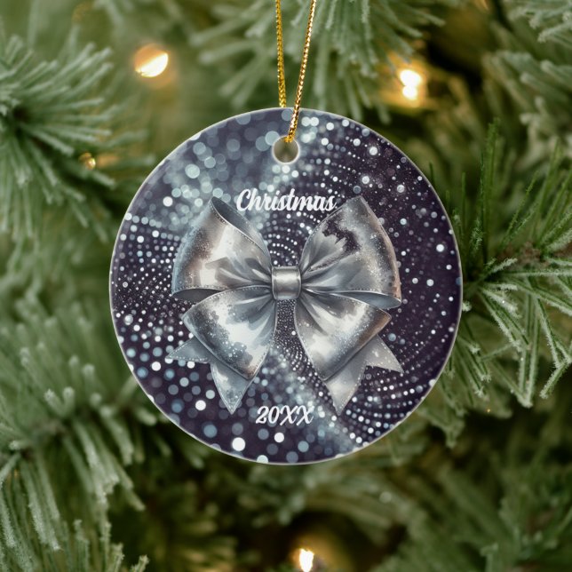 Silver Metallic Bow Luminous Year Accent Ceramic Ornament (Tree)