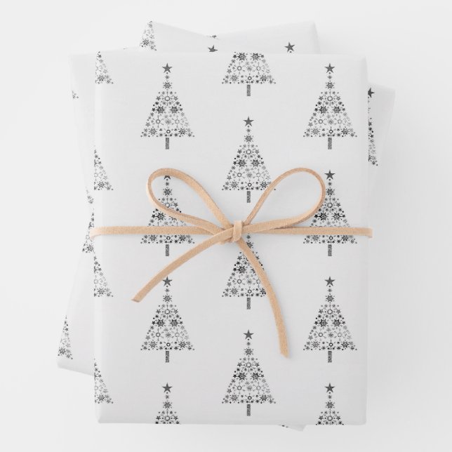 silver metallic christmas tree stylish chic wrapping paper sheet (In situ)