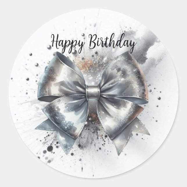 Silver Metallic Coquette Bow Birthday Classic Round Sticker (Front)