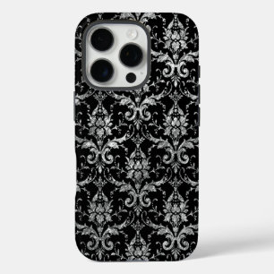Silver Metallic Damask on Black iPhone 16 Pro Case