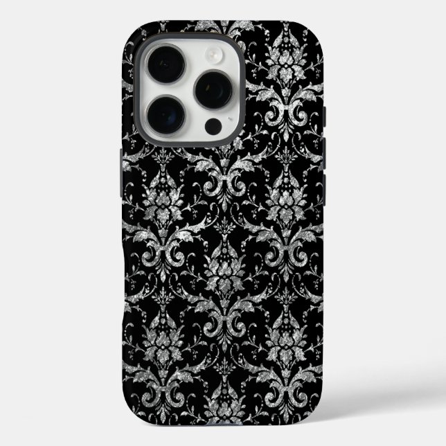 Silver Metallic Damask on Black Case-Mate iPhone Case (Back)
