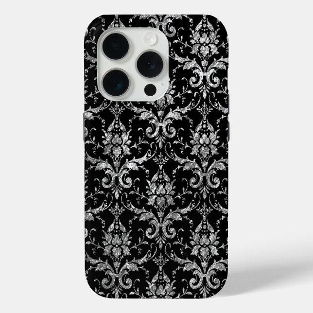 Silver Metallic Damask on Black Case-Mate iPhone Case (Back)