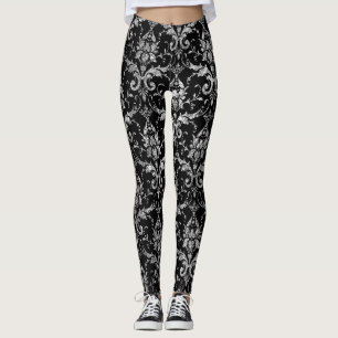 Silver Metallic Damask on Black Leggings