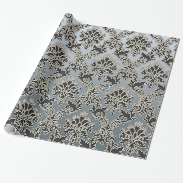 Silver Metallic Damask Pattern Wrapping Paper (Unrolled)