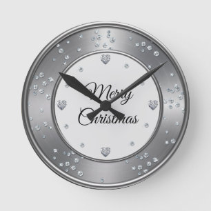 Silver Metallic Diomand Merry Christmas   Round Clock