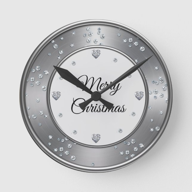 Silver Metallic Diomand Merry Christmas   Round Clock (Front)