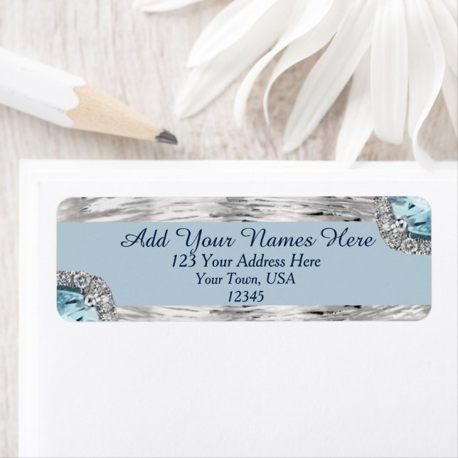 Silver Metallic Dusty Blue Diamond Return Address Label (Insitu)