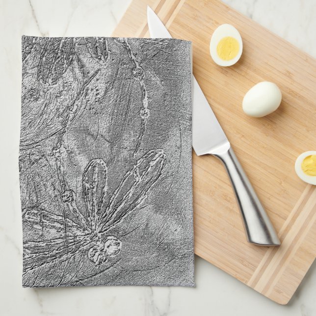 Silver Metallic Embossed Dragonflies Tea Towel (Quarter Fold)