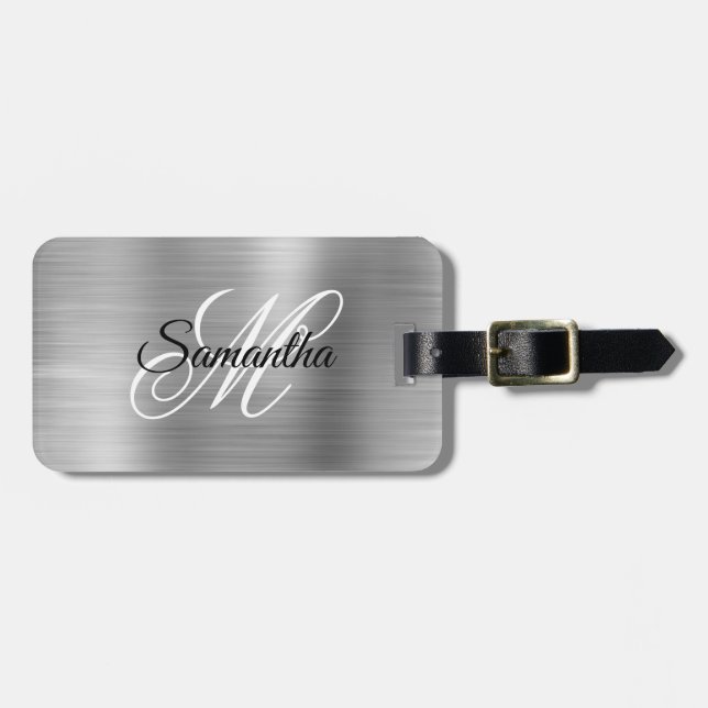Silver Metallic Fancy Monogram Luggage Tag (Front Horizontal)