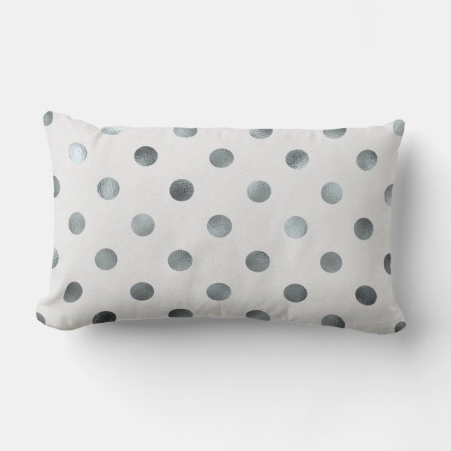 Silver Metallic Faux Foil Large Polka Dot Grey Lumbar Cushion (Front)