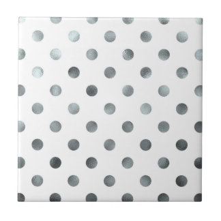 Silver Metallic Faux Foil Polka Dot White Ceramic Tile