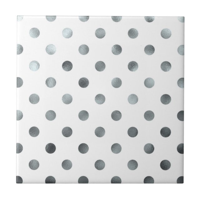 Silver Metallic Faux Foil Polka Dot White Ceramic Tile (Front)