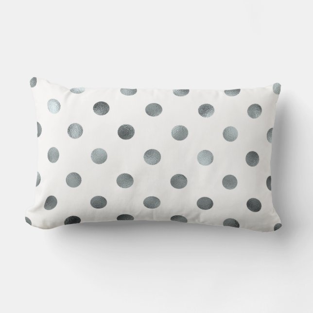 Silver Metallic Faux Foil Polka Dot White Lumbar Cushion (Front)