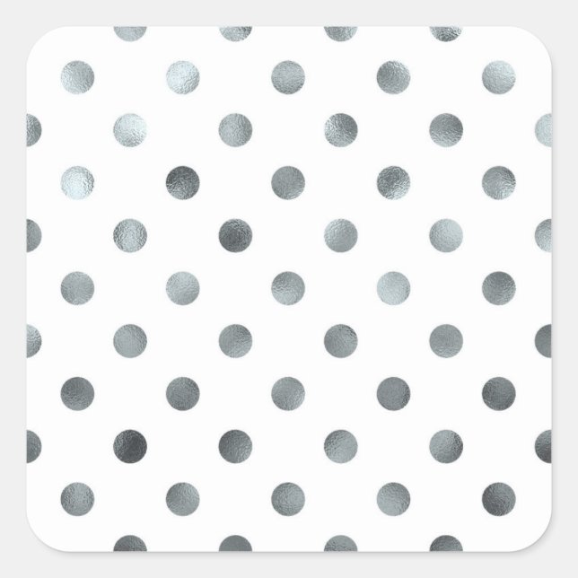 Silver Metallic Faux Foil Polka Dot White Square Sticker (Front)