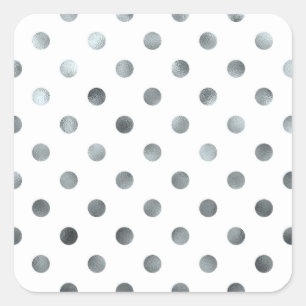 Silver Metallic Faux Foil Polka Dot White Square Sticker