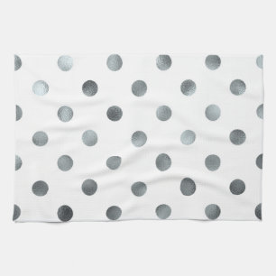 Silver Metallic Faux Foil Polka Dot White Tea Towel