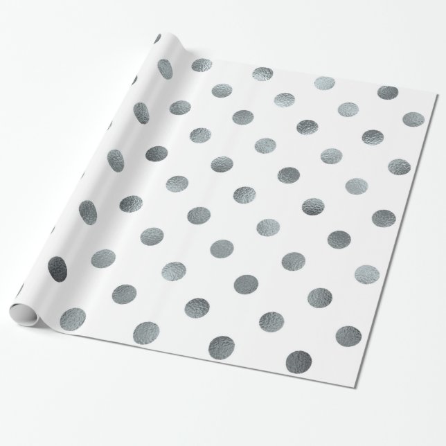 Silver Metallic Faux Foil Small Polka Dot White Wrapping Paper (Unrolled)