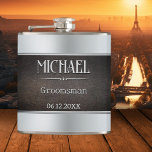 Silver Metallic Faux Leather Groomsman Hip Flask<br><div class="desc">Modern design flask featuring a metallic design in silver grey with a faux leather band. Beautiful for a groom,  Father's Day or boss ... </div>