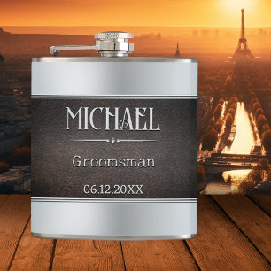 Silver Metallic Faux Leather Groomsman Hip Flask