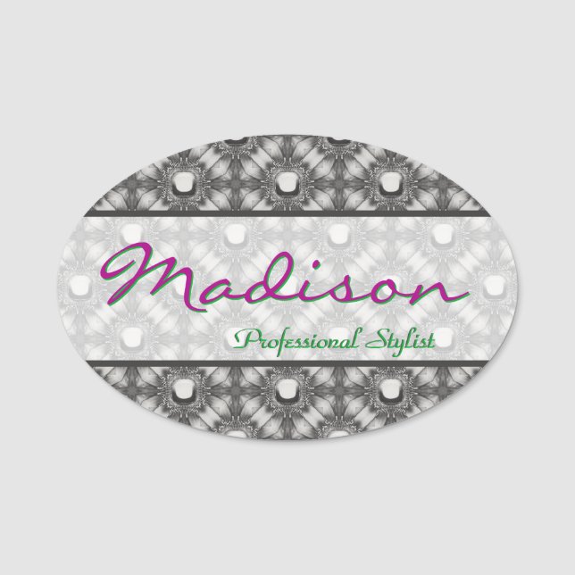 Silver Metallic Flowers and Gemstones  Name Tag (Front)