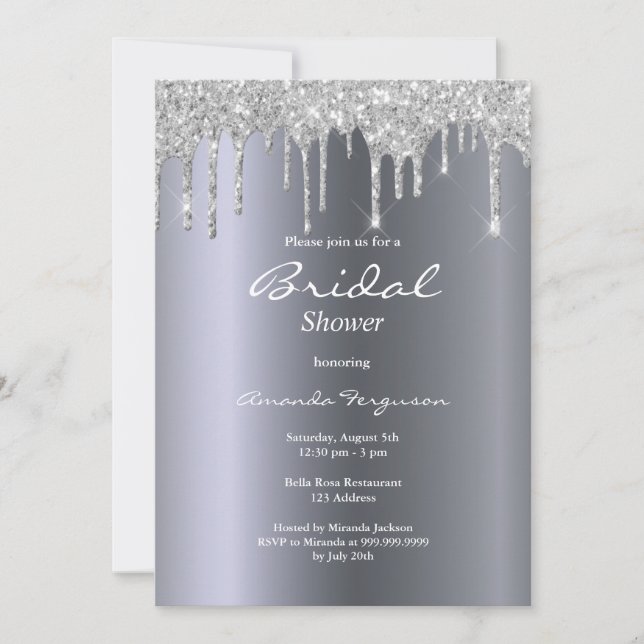 Silver metallic glitter drips glam bridal shower invitation (Front)