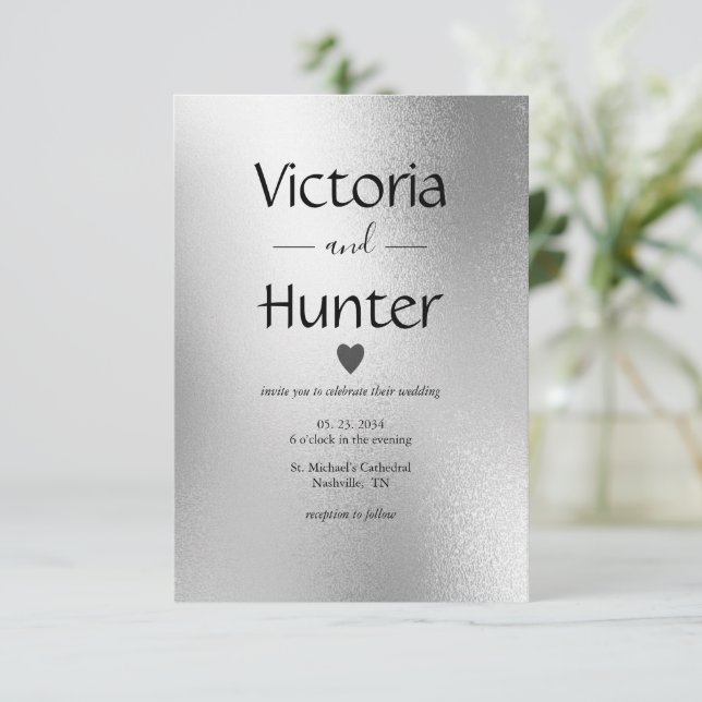 Silver Metallic Heart Modern Elegant Wedding Invitation (Standing Front)