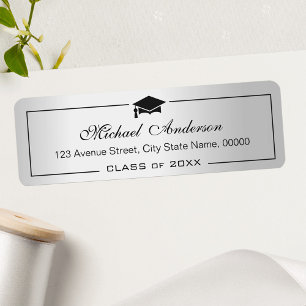 Silver Metallic Look Grad Graduate Graduation Cap Return Address Label