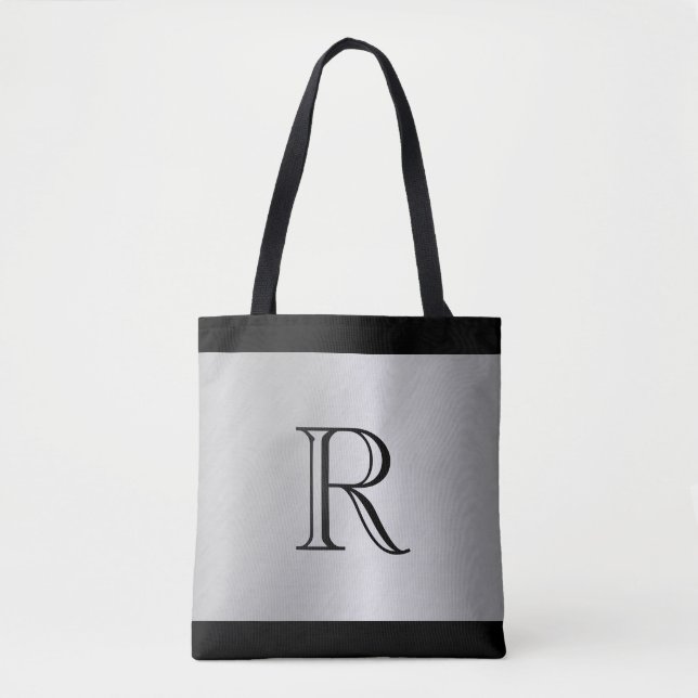 Silver Metallic Looking Background with Monogram Tote Bag (Front)