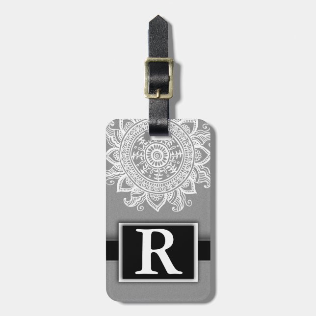 Silver Metallic Mandala Modern Elegant Monogram Luggage Tag (Front Vertical)