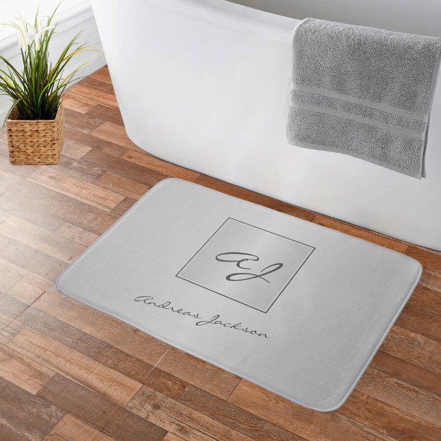 Silver metallic modern script monogram name bath mat (Creator Uploaded)