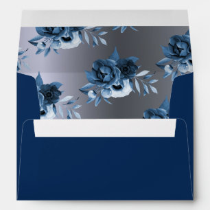 Silver metallic navy blue florals wedding envelope