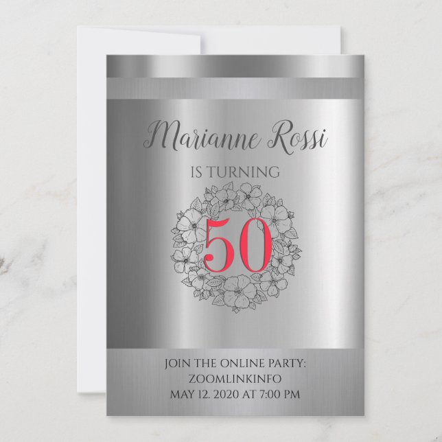 Silver Metallic Online Virtual 50th Birthday Invitation (Front)