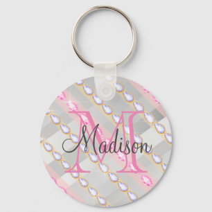 Silver Metallic Pink Rhinestones Personalised Key Ring
