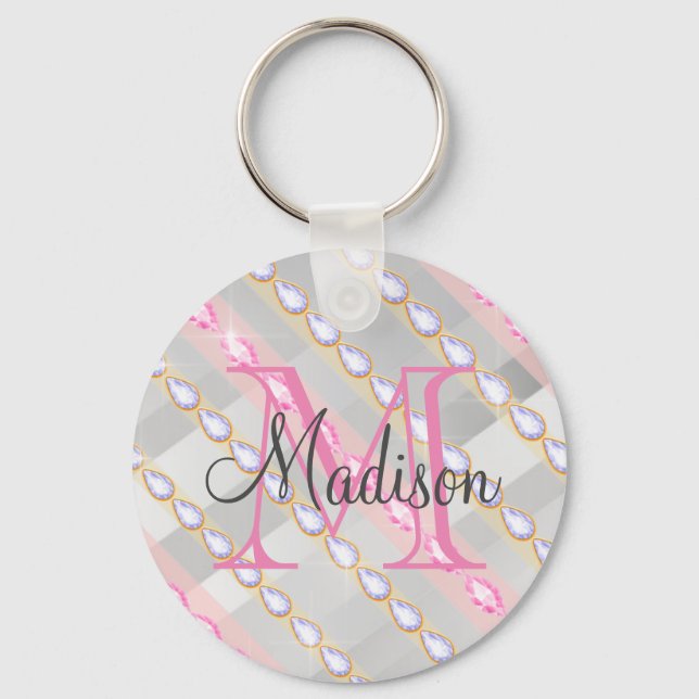 Silver Metallic Pink Rhinestones Personalised Key Ring (Front)