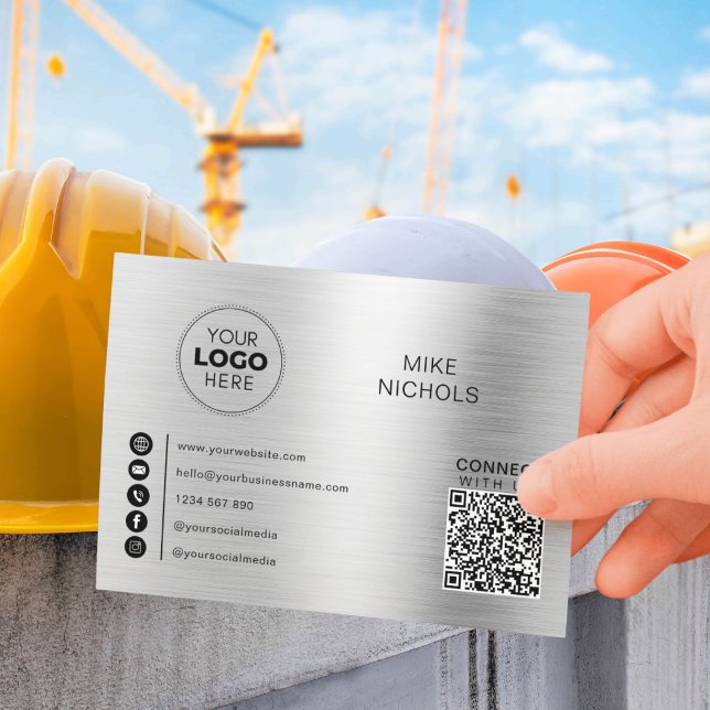 Silver Metallic QR Code Logo Connect With Us  Business Card (Creator Uploaded)
