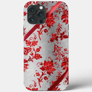 Silver Metallic Red Ribbon Damask Holiday iPhone 13 Pro Max Case