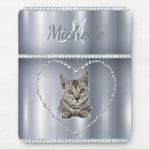 Silver Metallic, Rhinestones, Cat, Personalised Mouse Pad