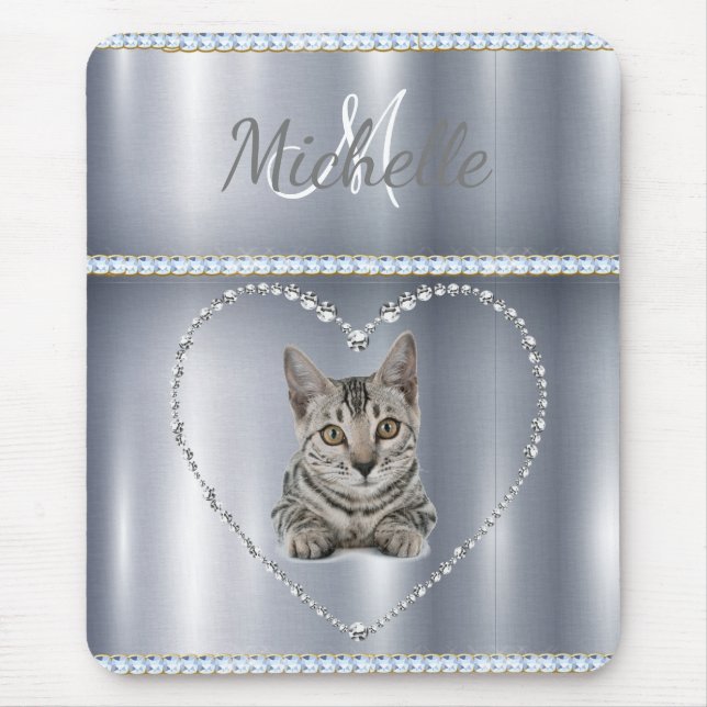 Silver Metallic, Rhinestones, Cat, Personalised Mouse Pad (Front)
