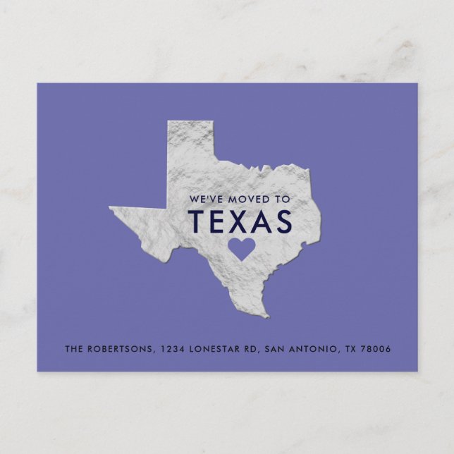 Silver Metallic Texas Map Periwinkle New Address Announcement Postcard (Front)
