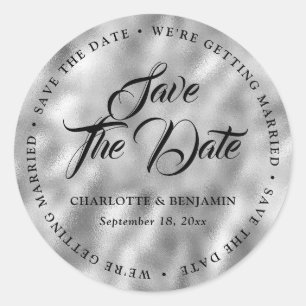 Silver Metallic Typography Wedding Save The Date Classic Round Sticker