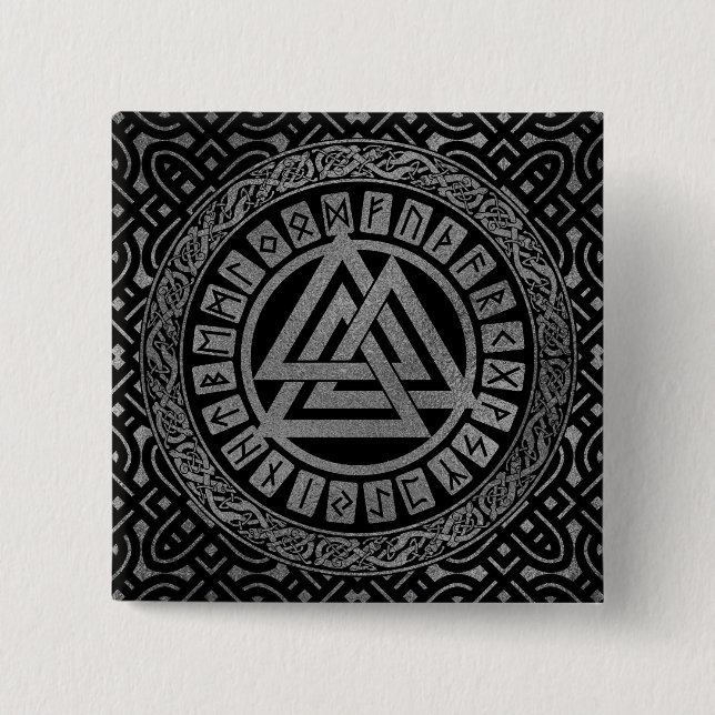 Silver Metallic Valknut Symbol on Celtic Pattern 15 Cm Square Badge (Front)