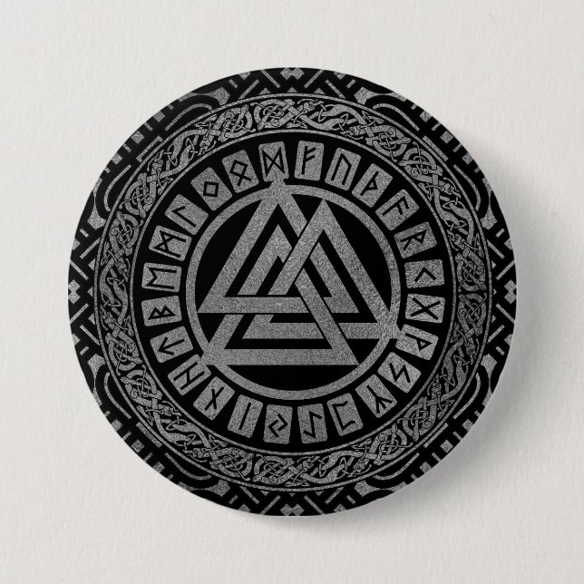 Silver Metallic Valknut Symbol on Celtic Pattern 7.5 Cm Round Badge (Front)