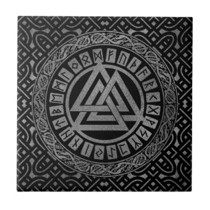 Silver Metallic Valknut Symbol on Celtic Pattern Ceramic Tile